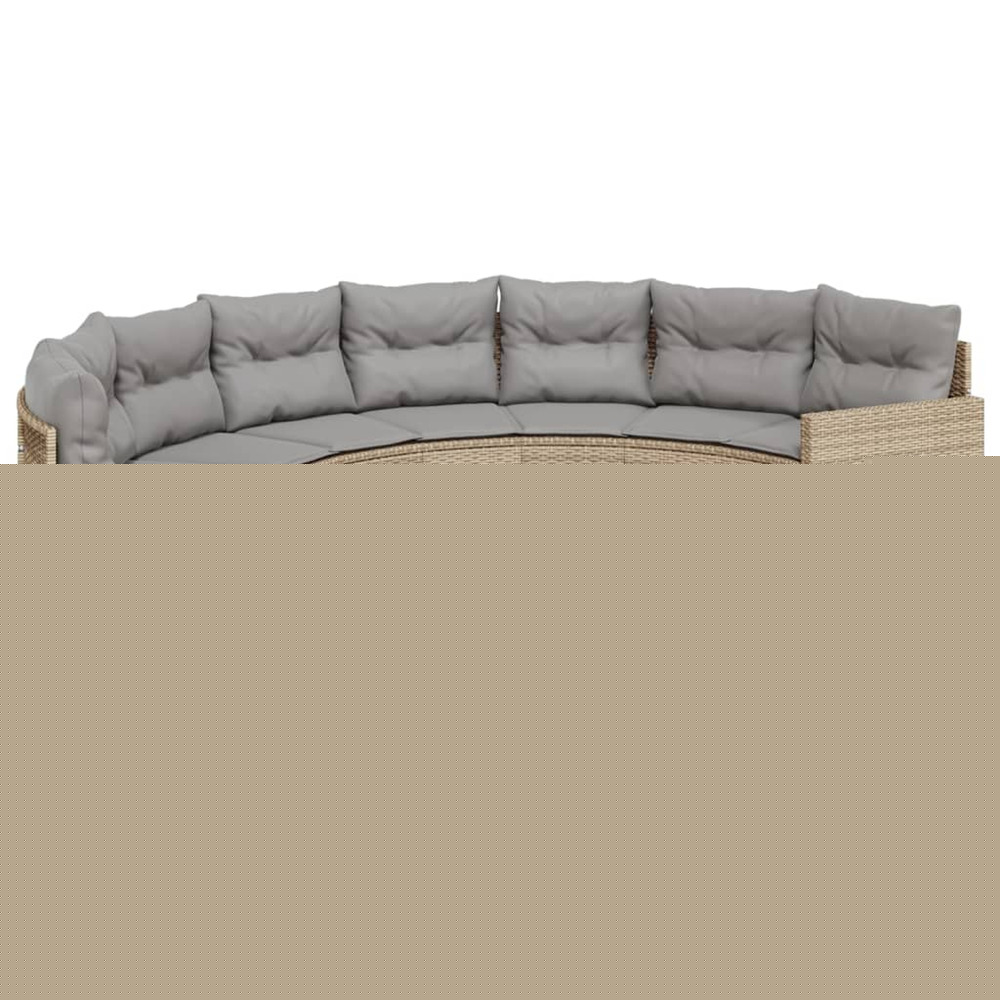 Canapé de jardin table coussins demi-rond beige résine tressée