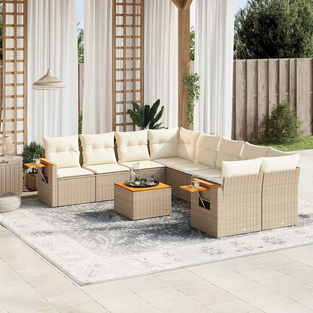 Salon de jardin avec coussins 9 pcs beige résine tressée