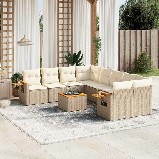 Salon de jardin avec coussins 9 pcs beige résine tressée