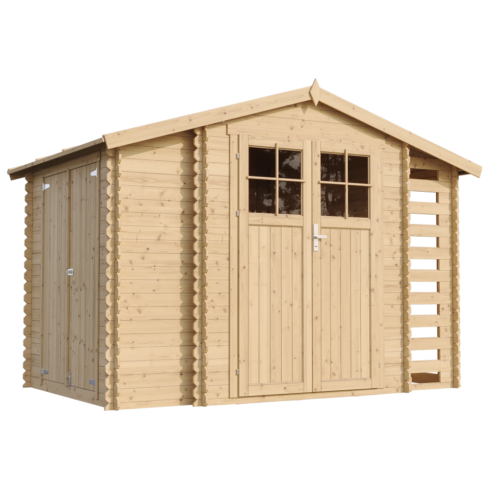 Abri de jardin en bois et range bûches extérieur avec sol traité - i206xl328xh218 cm/ 3,53 + 0,97+0,97 m2 - timbela m389f+m389g