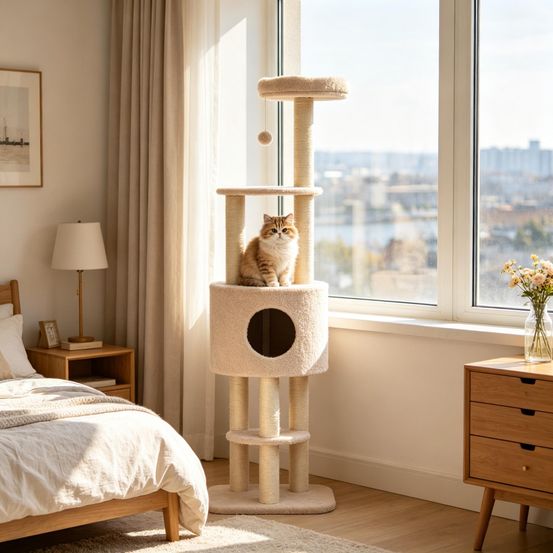 Arbre à chat multi-niveaux peluche et sisal pour chats griffoir avec niche 148cm beige