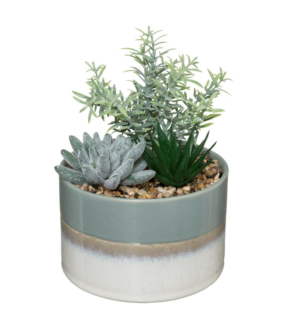 Composition florale artificielle pot en céramique bicolore h 17.5 cm