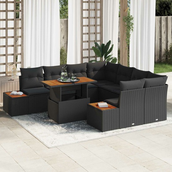 Ensemble de canapé de jardin 9 pcs noir poly rotin