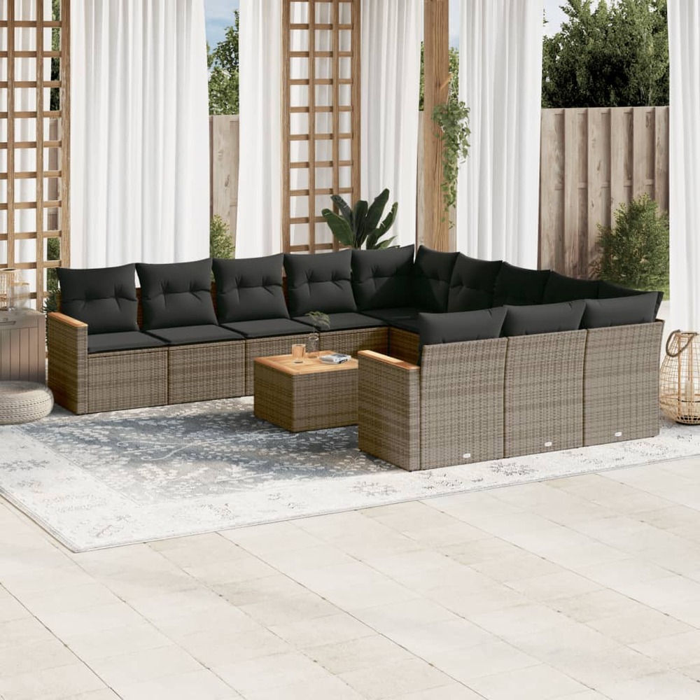 Salon de jardin avec coussins 12 pcs gris résine tressée