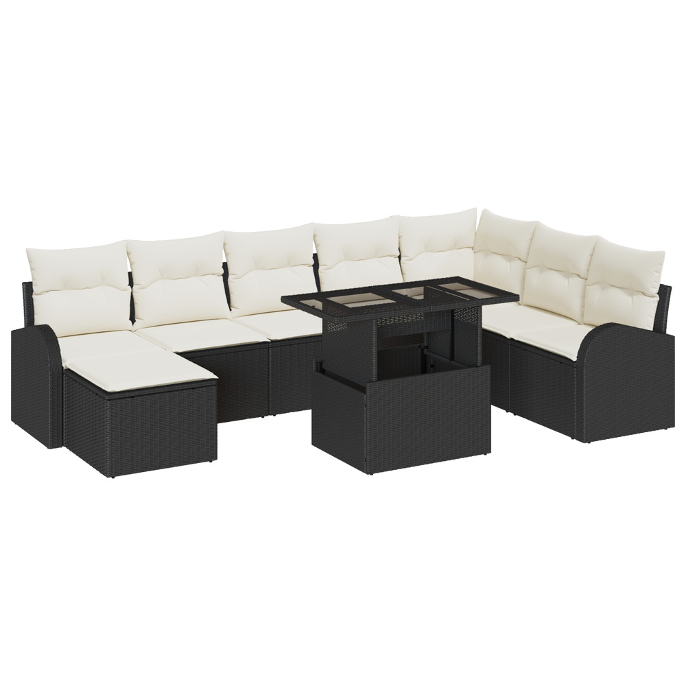 Ensemble de canapé de jardin 9 pièces avec coussins noir poly rattan