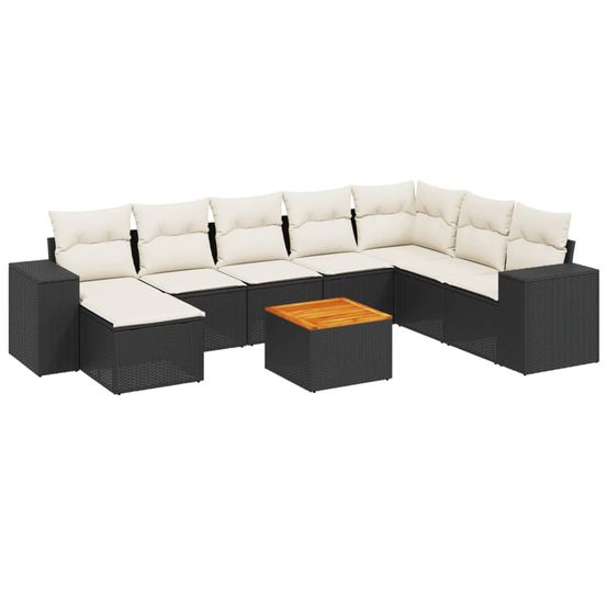Salon de jardin 9 pcs avec coussins noir résine tressée