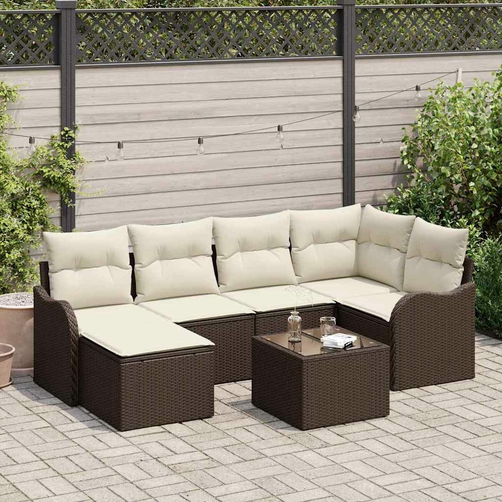 Ensemble de canapé de jardin 7 pcs marron et blanc poly rotin