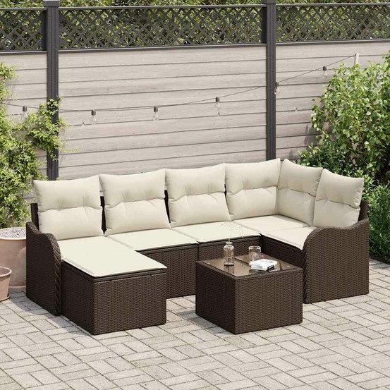 Ensemble de canapé de jardin 7 pcs marron et blanc poly rotin