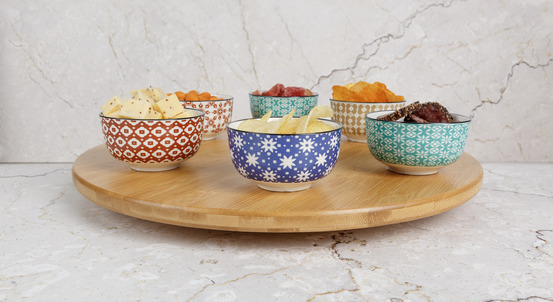 Cosy & trendy service apéritif chloé 7 pièces :1 plateau bambou d40 cm+ 6 bols en céramique d9 xh 4,8 cm-6 assortis