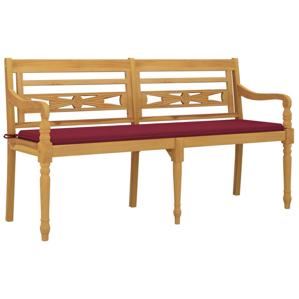 Banc de jardin meuble de patio d'extérieur terrasse avec coussin rouge bordeaux 150cm bois teck massif