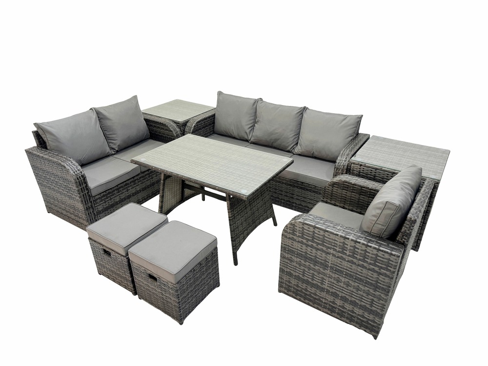 8 pcs ensemble de canapés en rotin salon de jardin avec table à manger rectangulaire fauteuil 2 petits tabourets gris foncé mixte