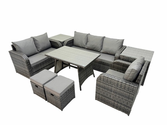 8 pcs ensemble de canapés en rotin salon de jardin avec table à manger rectangulaire fauteuil 2 petits tabourets gris foncé mixte