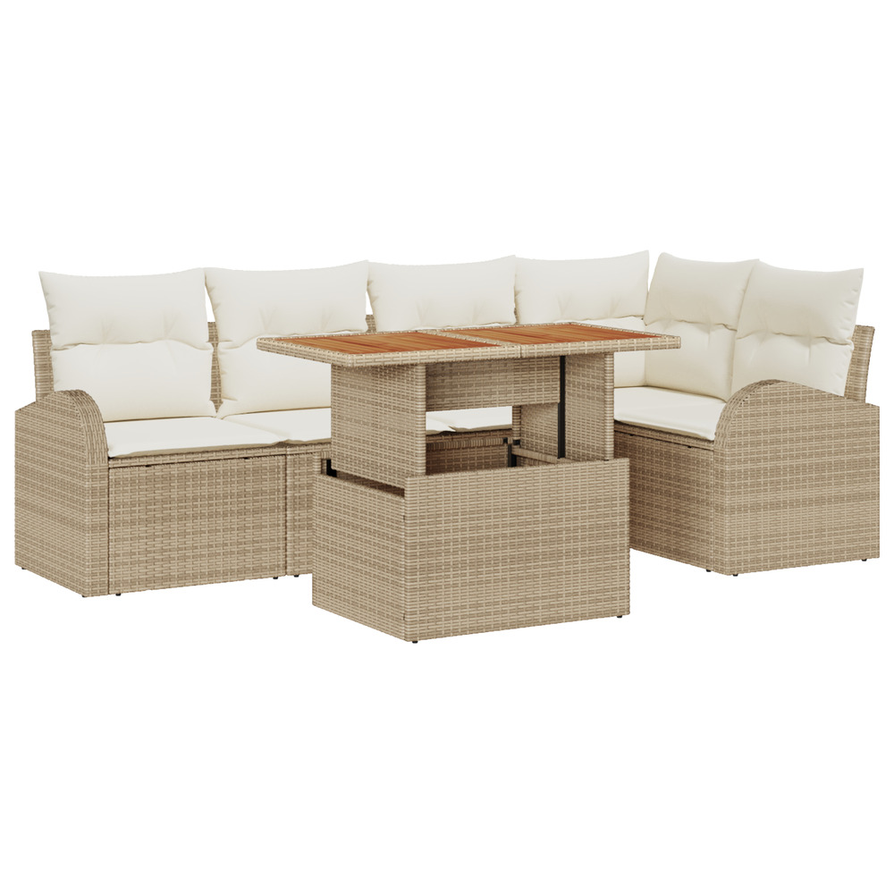 Ensemble de salle à manger de jardin de 6 pièces avec coussins beige poly rattan acacia