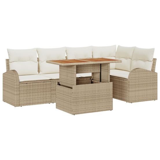 Ensemble de salle à manger de jardin de 6 pièces avec coussins beige poly rattan acacia