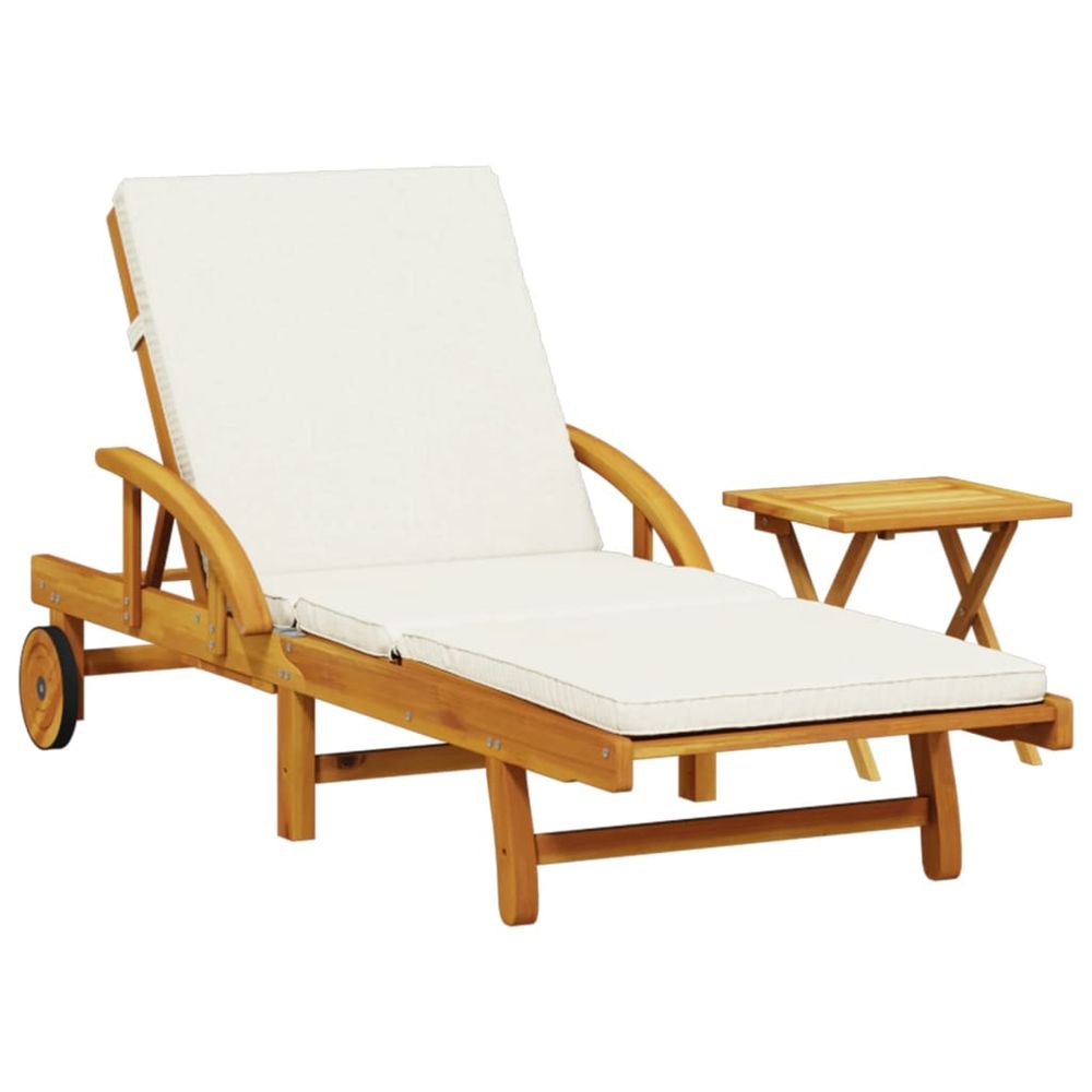 Chaise longue avec coussin et table bois d'acacia massif bain de soleil
