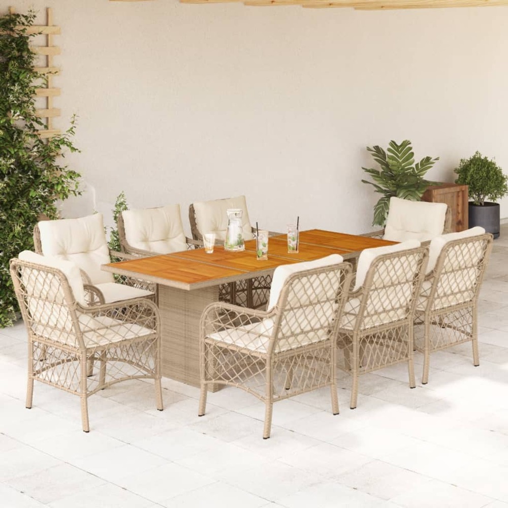 Ensemble à manger de jardin et coussins 9 pcs beige poly rotin