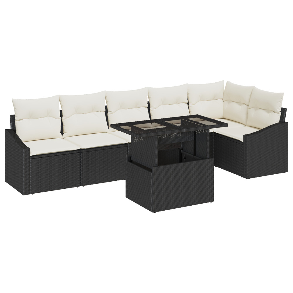Set de sofa de jardin 7 pièces avec coussins noir poly rattan