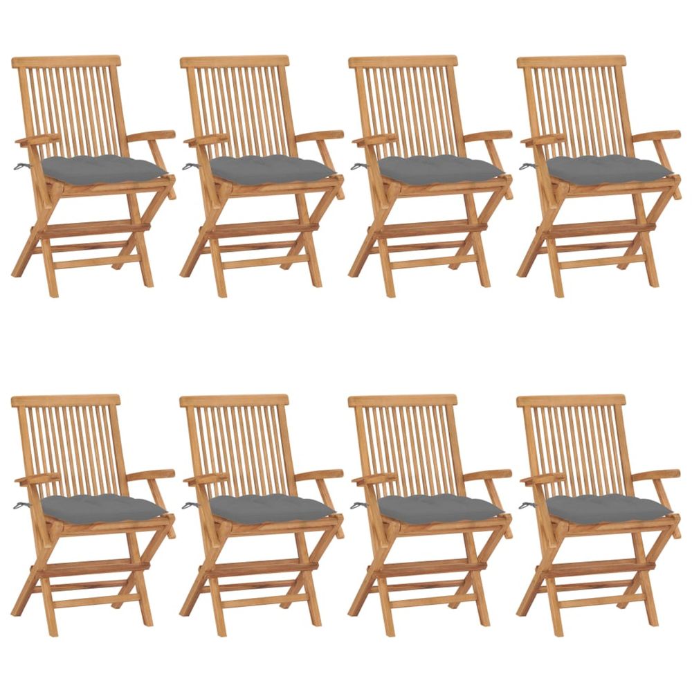 Chaises pliantes avec coussins gris, 8 pièces, en teck massif