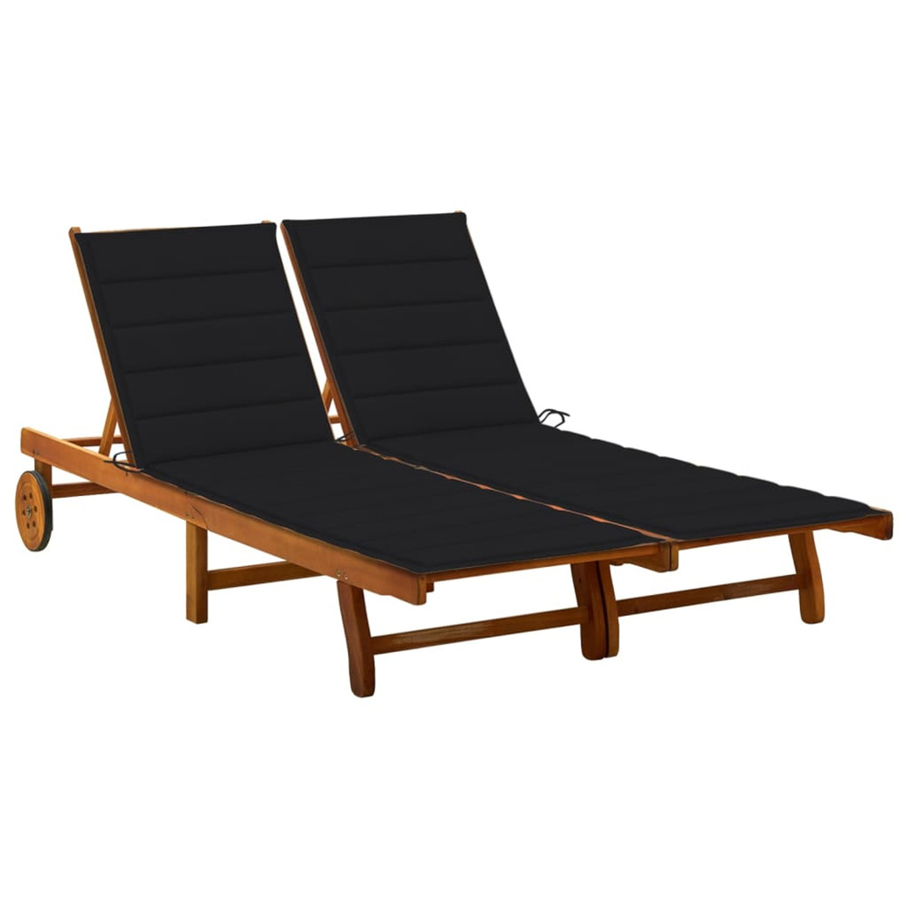 Chaise longue de jardin 2 places avec coussins acacia solide bain de soleil