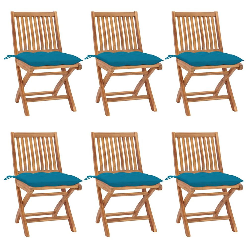 Chaises pliantes avec coussins, 6 pièces, en teck massif