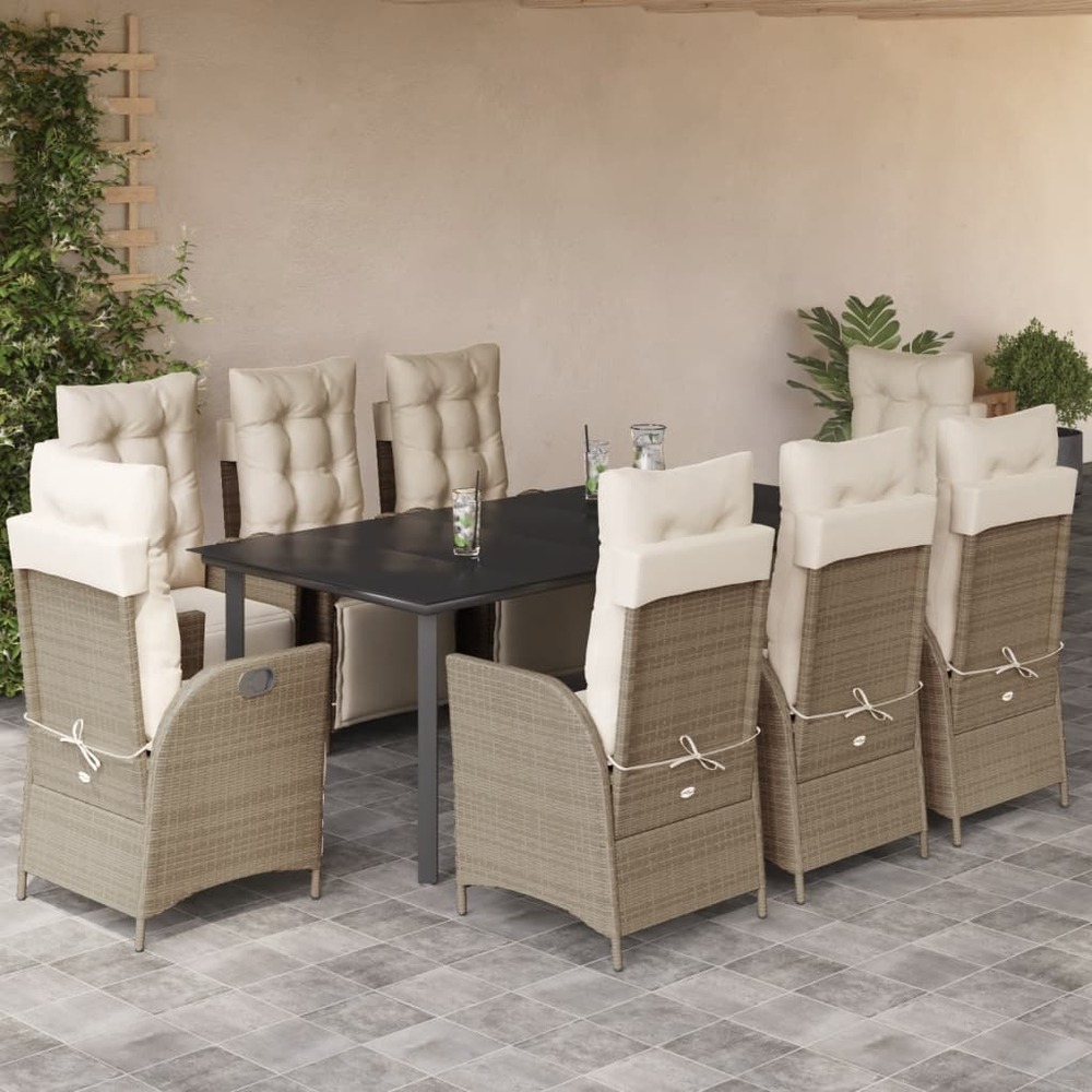 Ensemble à manger de jardin et coussins 9 pcs beige poly rotin