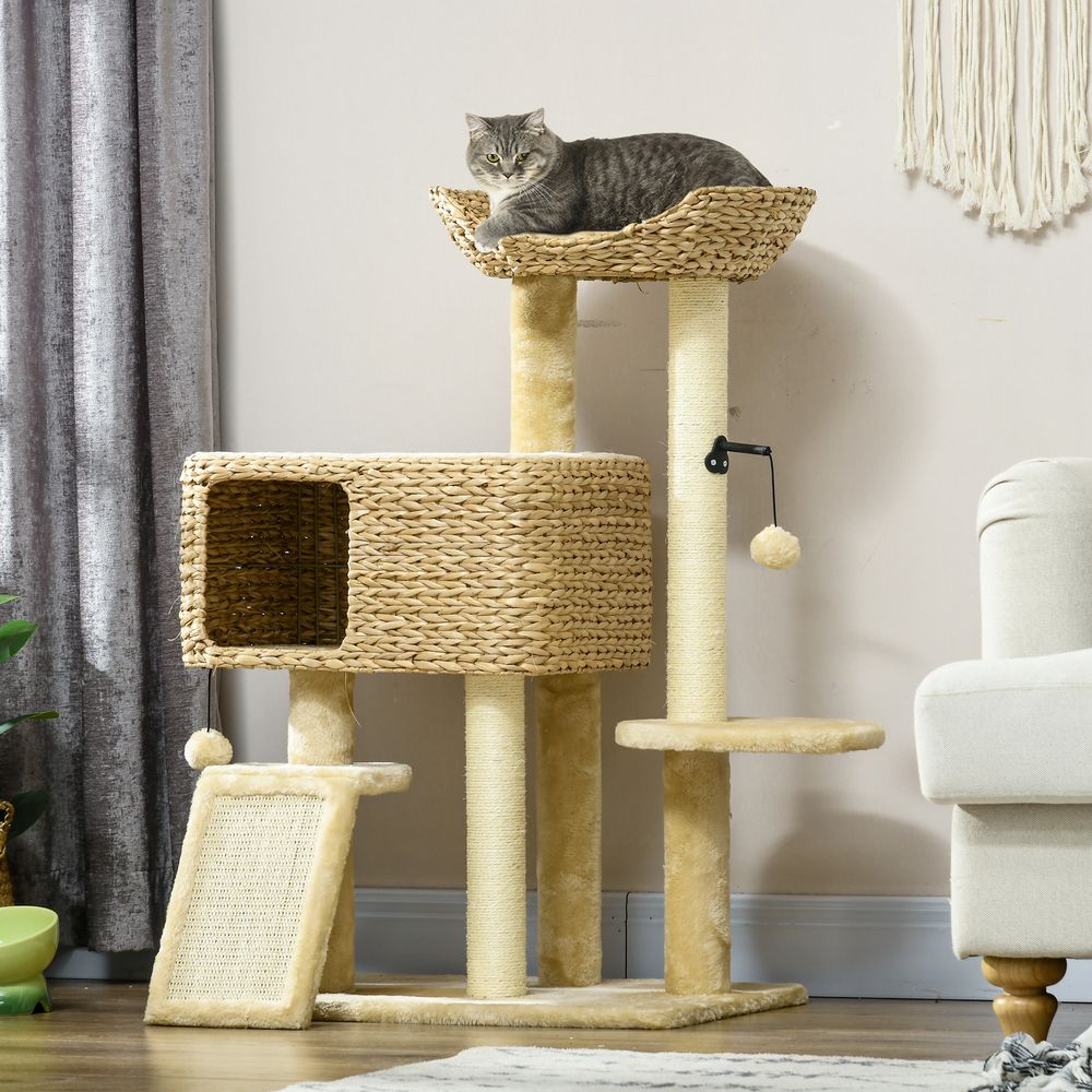 Arbre à chat en fibre végétale tressée et sisal 98 x 60 x 40 cm beige avec niche griffoir et plateformes