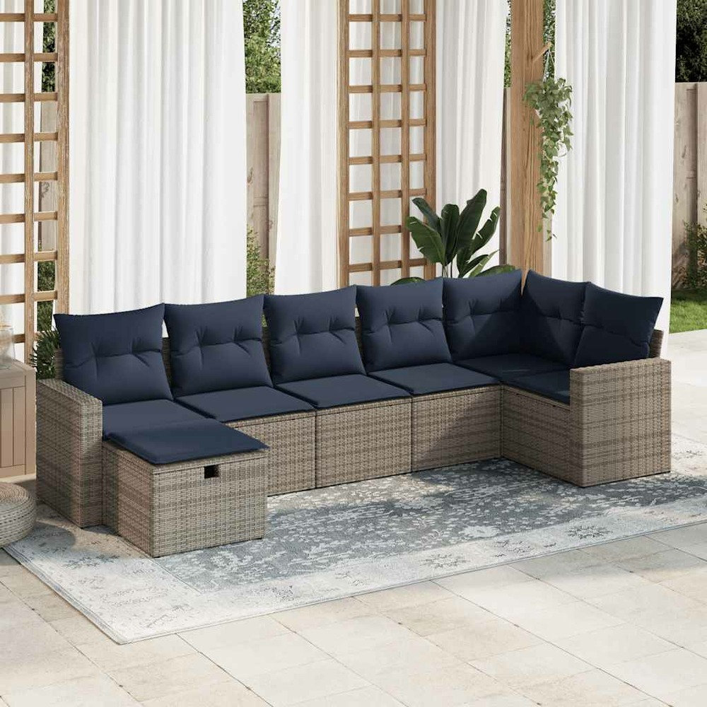 Salon de jardin avec coussins 7 pcs gris résine tressée