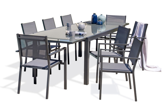 Ensemble repas tolede 200/300 8 fauteuils en aluminium plateau verre