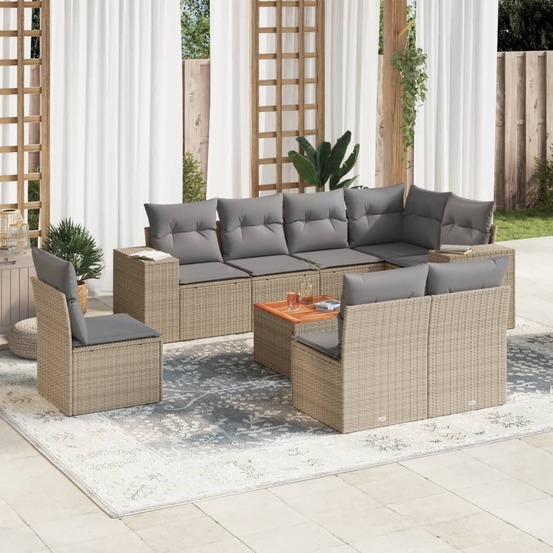 Salon de jardin avec coussins 9 pcs beige résine tressée