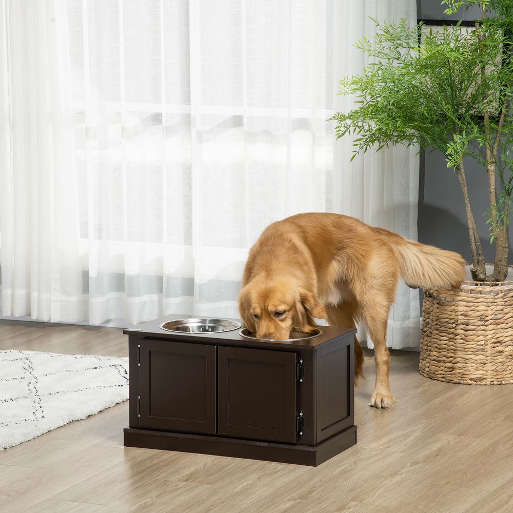 Station repas chien surélevée mdf et inox 60 x 30 x 34 cm marron avec rangement pratique pour grand chien