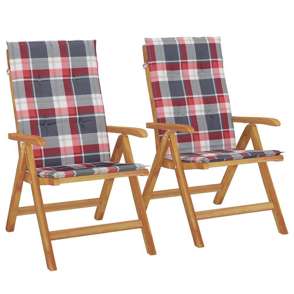 Fauteuils pliants inclinables avec coussins 2 pcs teck massif
