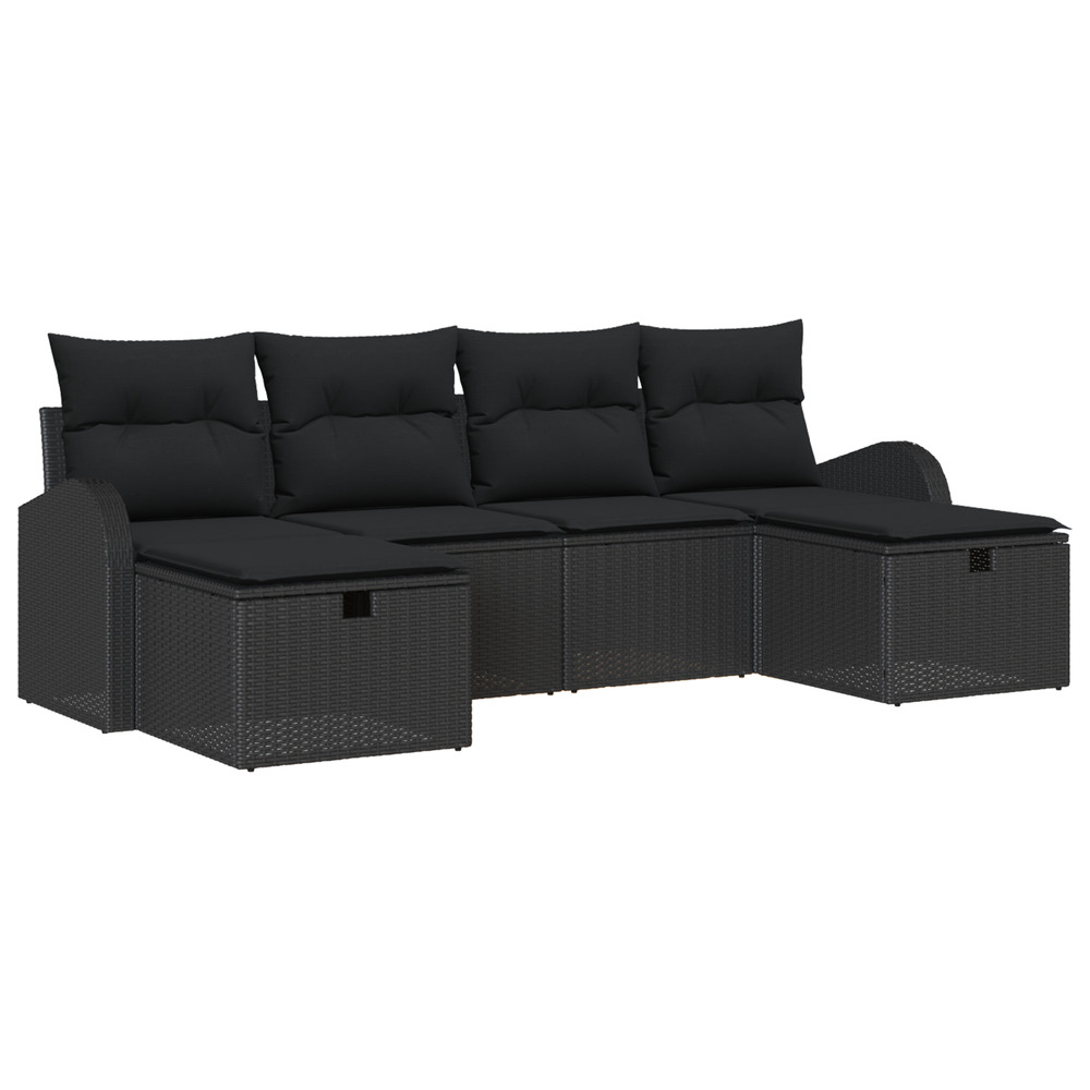 Ensemble de canapés de jardin 6 pièces avec coussins noir poly rattan