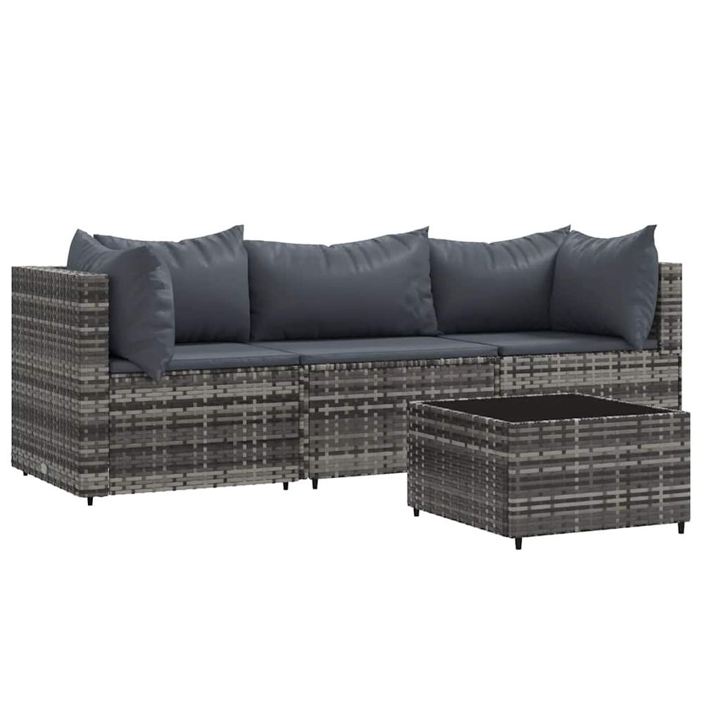 Salon de jardin 4 pcs avec coussins gris résine tressée