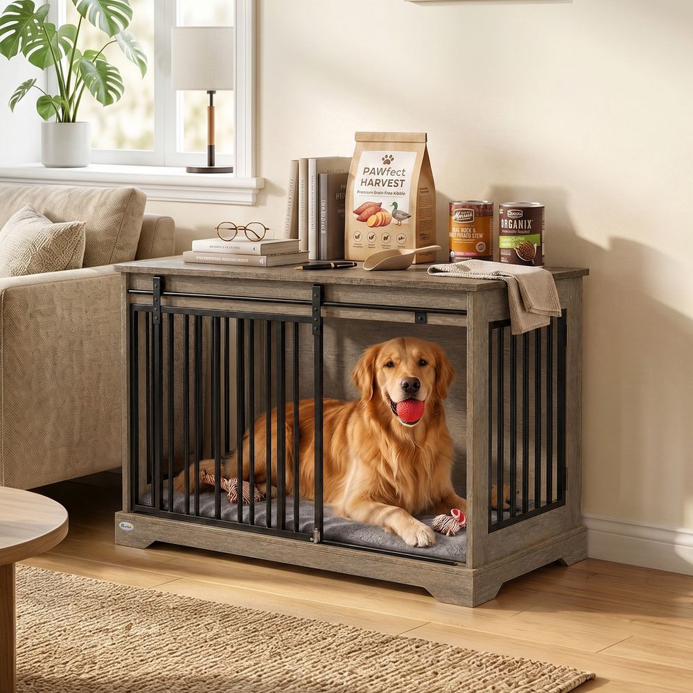 Cage pour chien en acier et panneaux mélaminés gris 100 x 60 x 68 cm avec porte coulissante et table d'appoint
