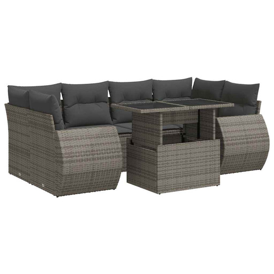 Salon de jardin avec coussins 7 pcs gris résine tressée