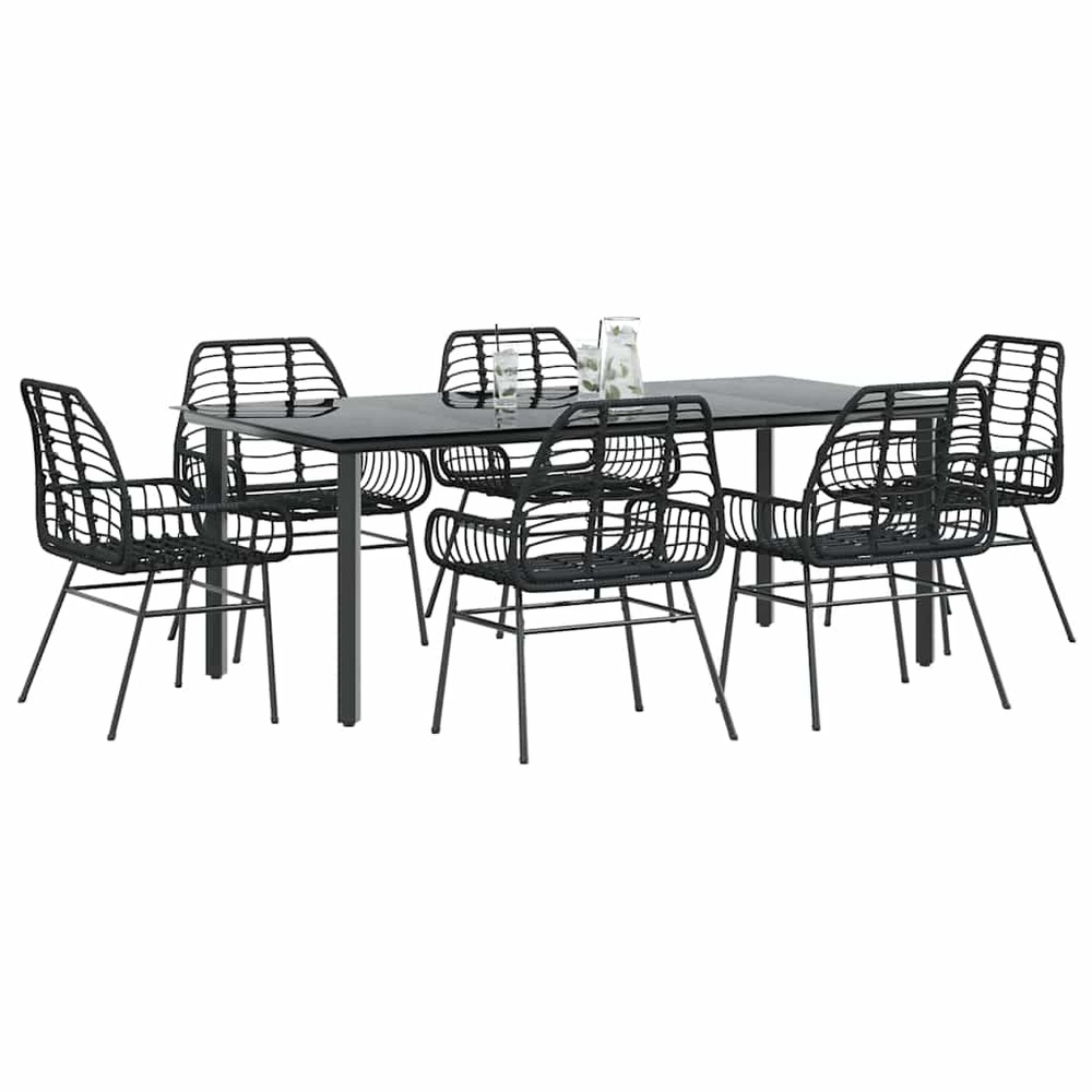 Ensemble à manger de jardin 7pcs noir poly rotin verre