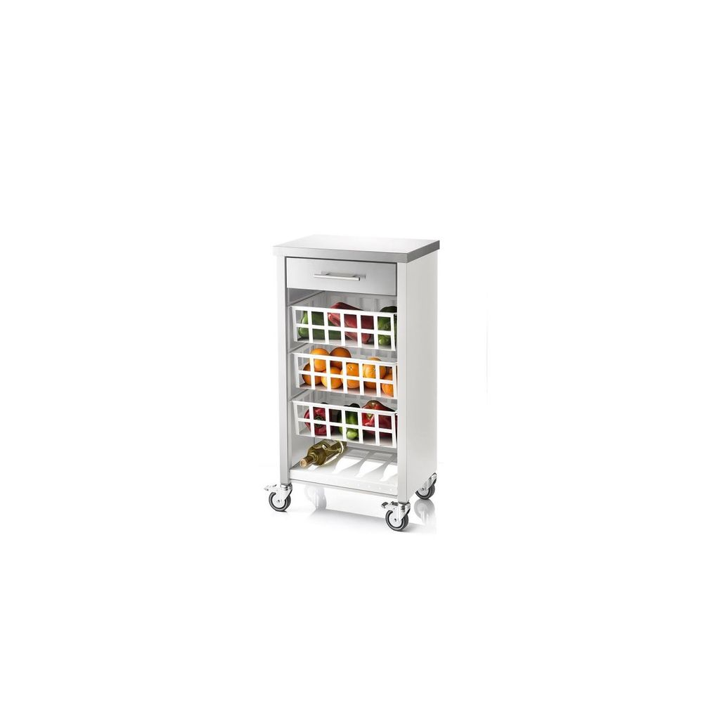 Desserte de cuisine à roulettes moher avec plan de travail en inox, tiroir et 3 paniers