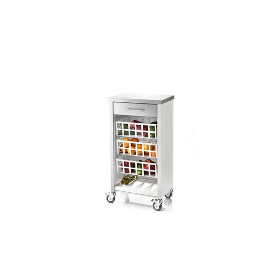 Desserte de cuisine à roulettes moher avec plan de travail en inox, tiroir et 3 paniers