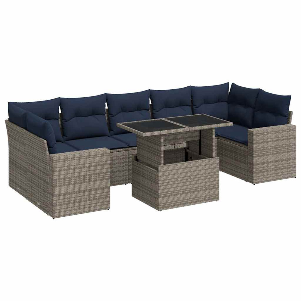 Salon de jardin avec coussins 8 pcs gris résine tressée acacia
