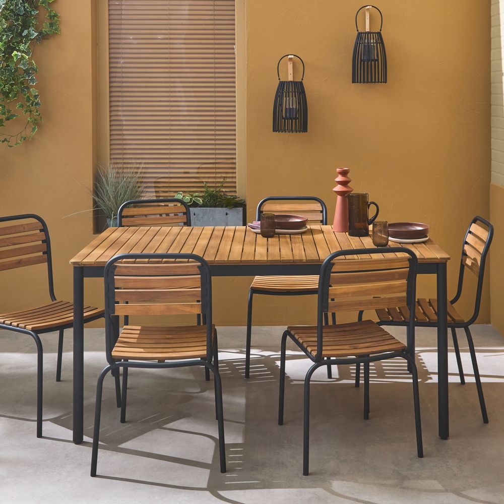 Set complet noir table + 6 chaises tabara. Acier et bois d'acacia fsp ...