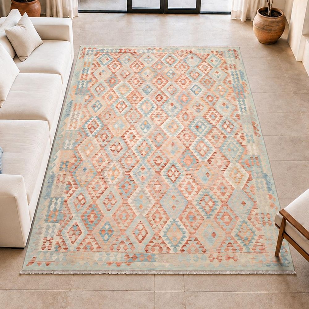 Tapis kilim 253 x 347 cm, multicolore, bleu et rouge, en laine, kilim 101