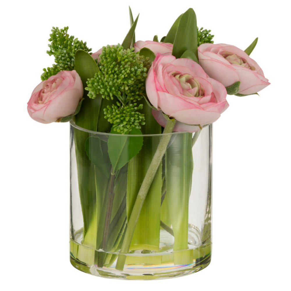 Composition florale renoncule vase 21cm rose