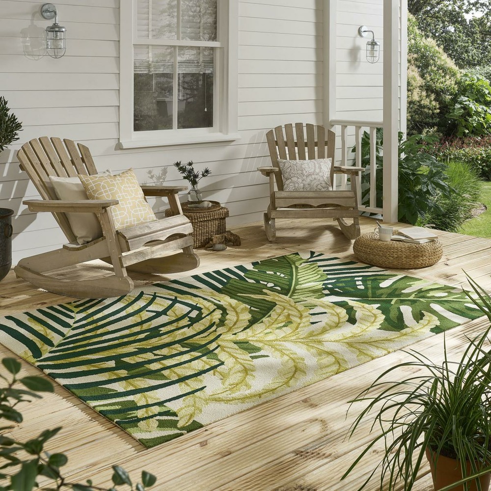 Tapis extérieur 140x200 tissé kilim vert et beige manila