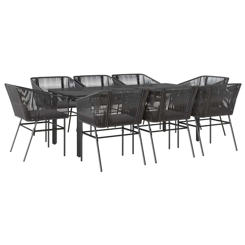 Ensemble à manger de jardin coussins 9pcs noir poly rotin verre