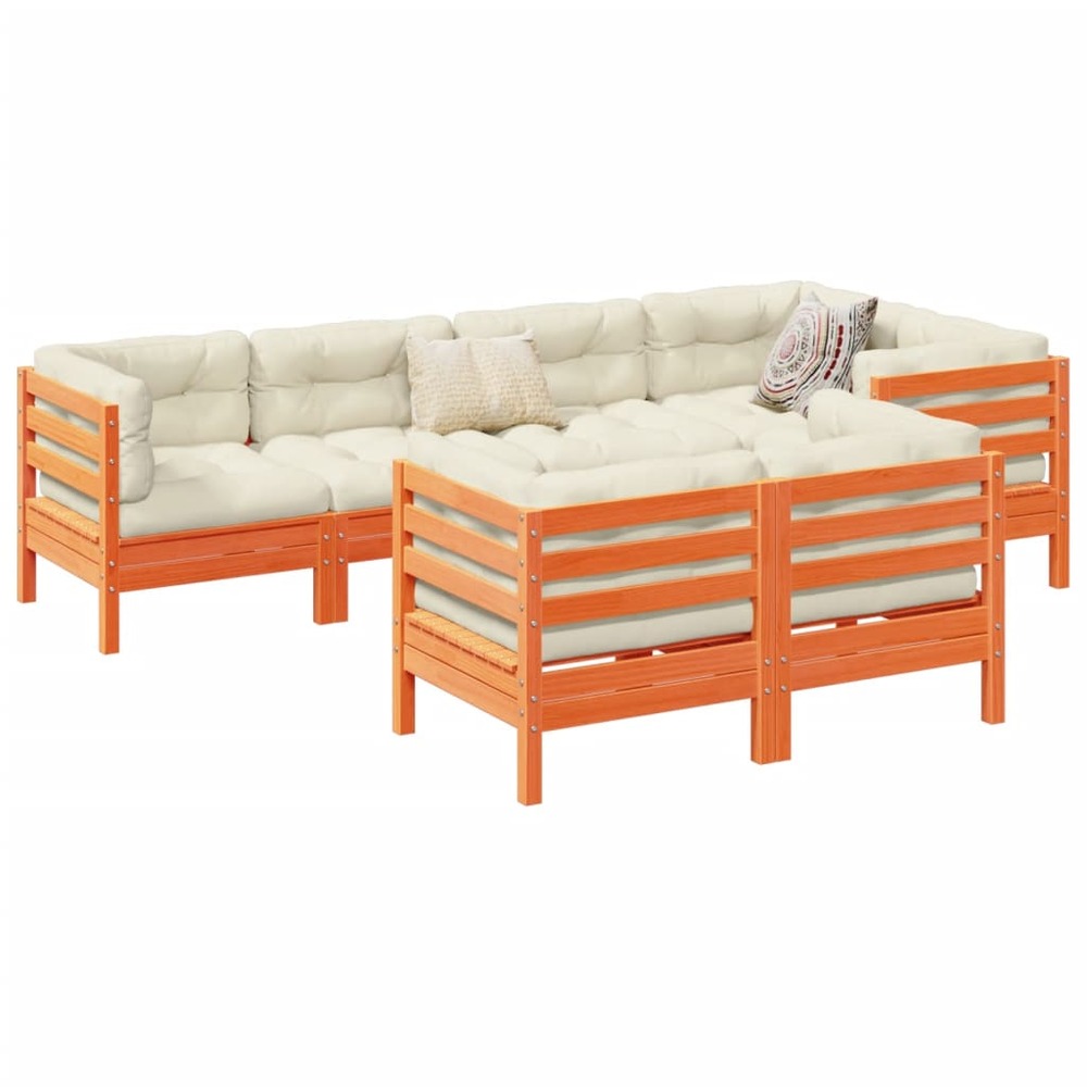 Salon de jardin 7 pcs avec coussins cire marron bois pin massif