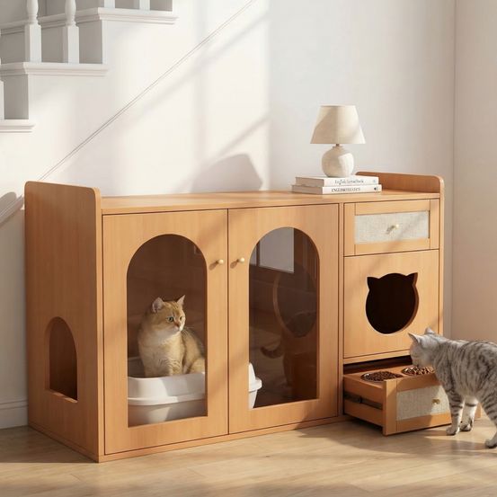 Meuble litière chat mdf verre intérieur rangement gamelles 120x45x83cm noyer