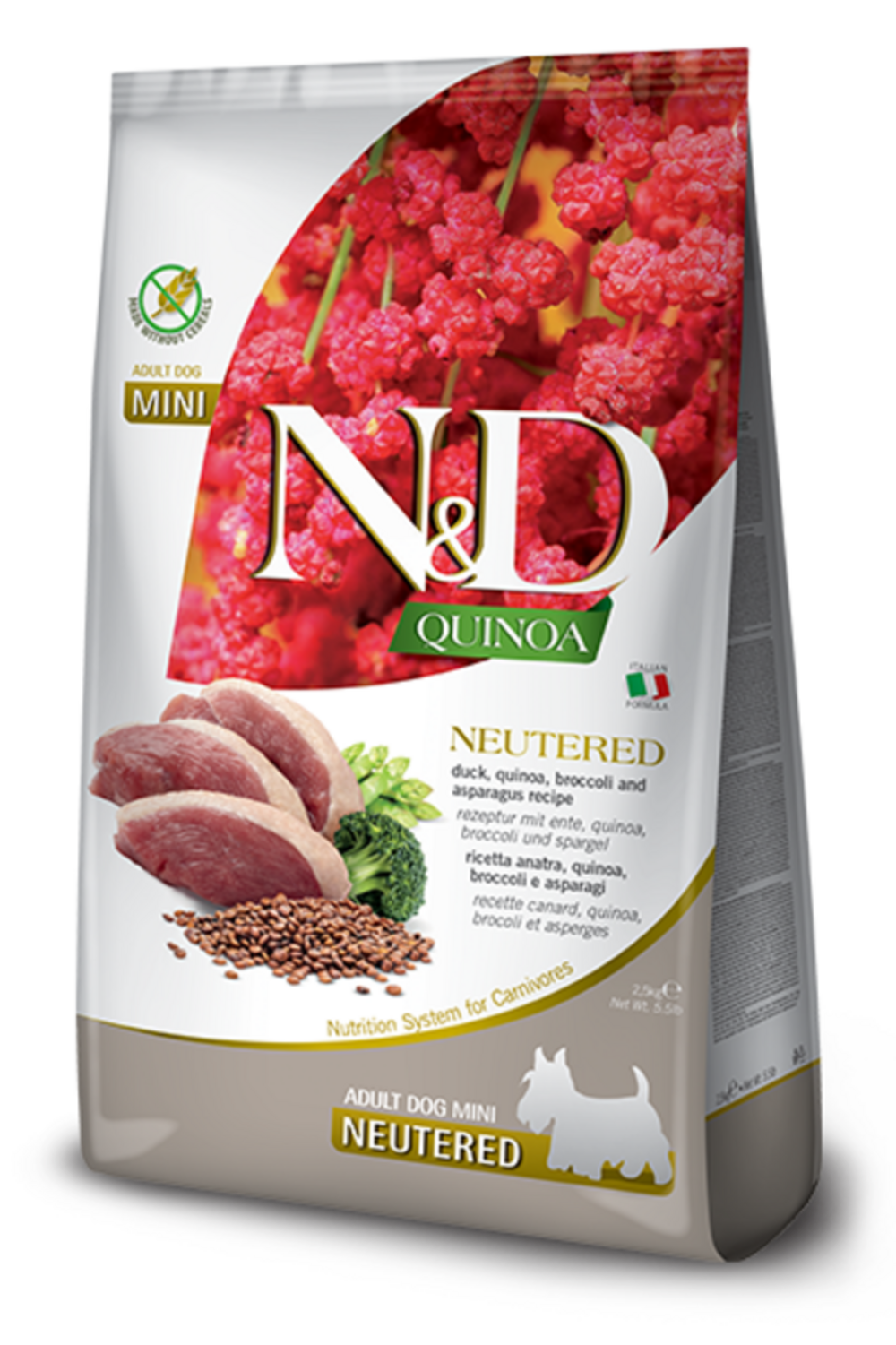 Croquettes n&d quinoa neutered canard brocoli & asperge chien mini 2,5 kg