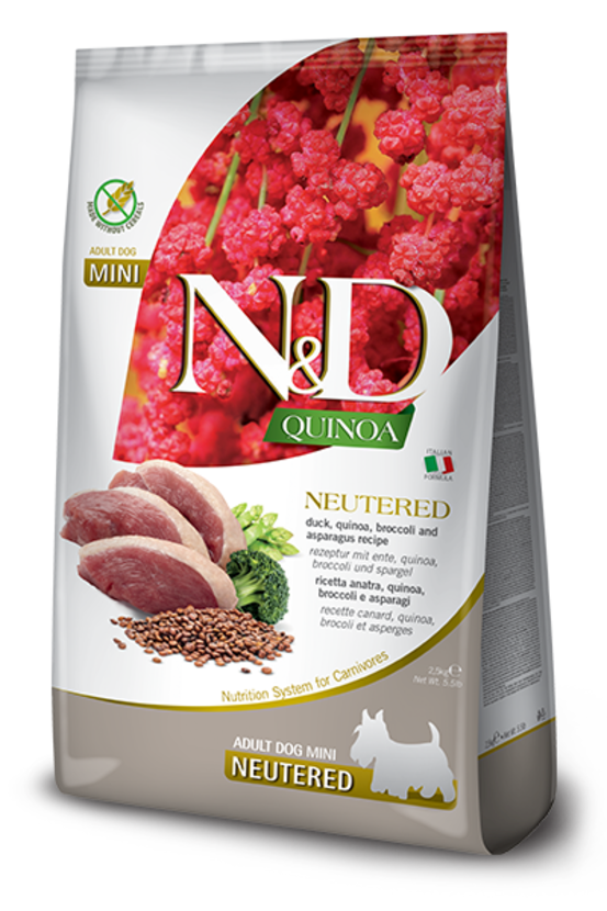 Croquettes n&d quinoa neutered canard brocoli & asperge chien mini 2,5 kg
