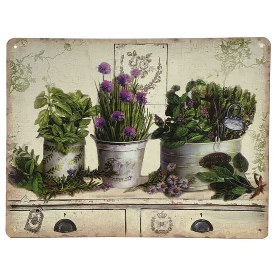 Plaque murale décorative en métal vintage multicolore plantes 33x25cm