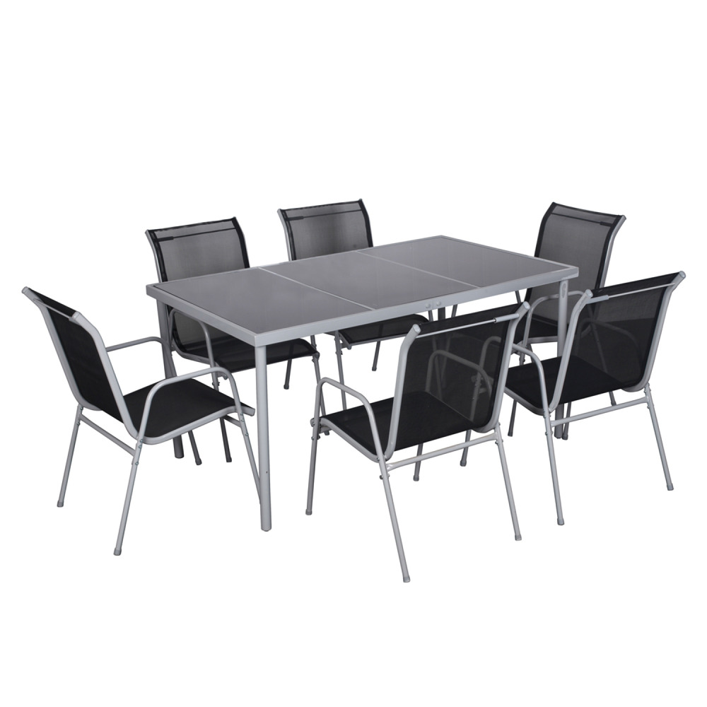 Table de jardin et 6 chaises en acier et toile pvc gris lusiana